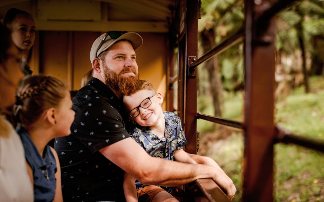 Father and son inside Puffing Billy train, Dandenong Ranges tour.