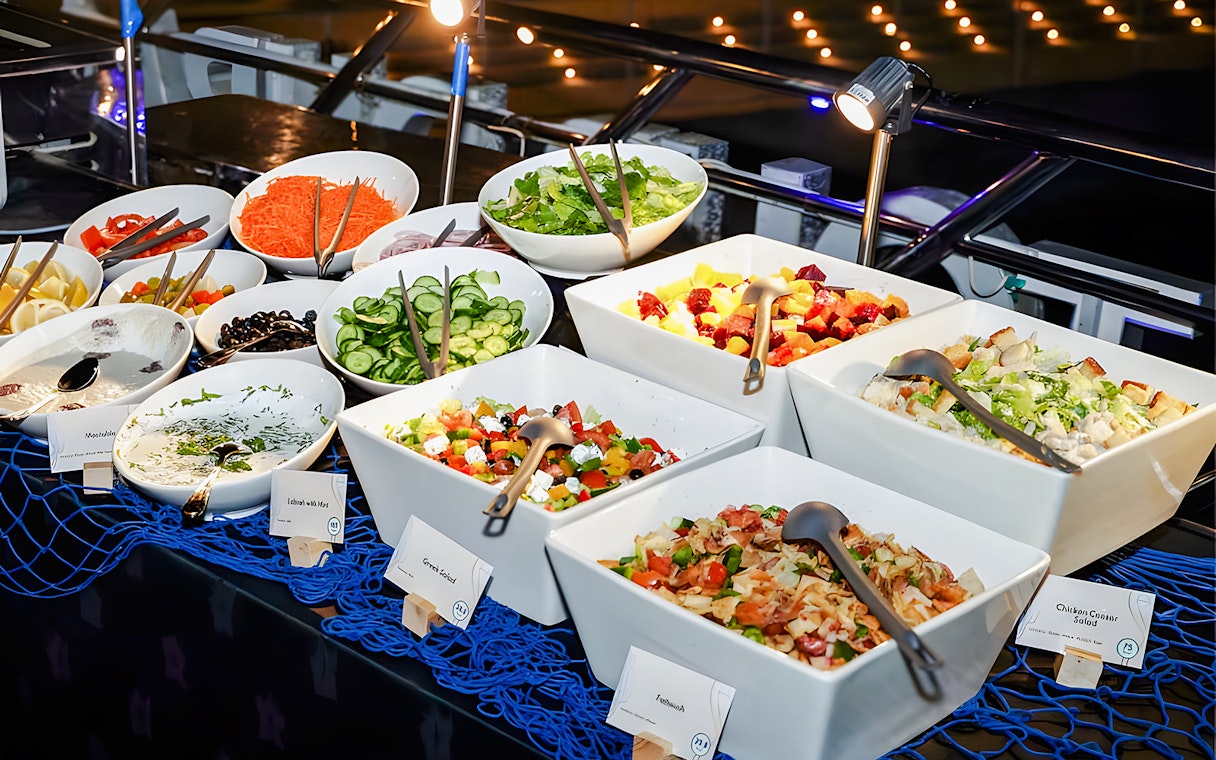 Buffet spread on 2-hour luxury dhow dinner cruise in Dubai featuring salads and appetizers.