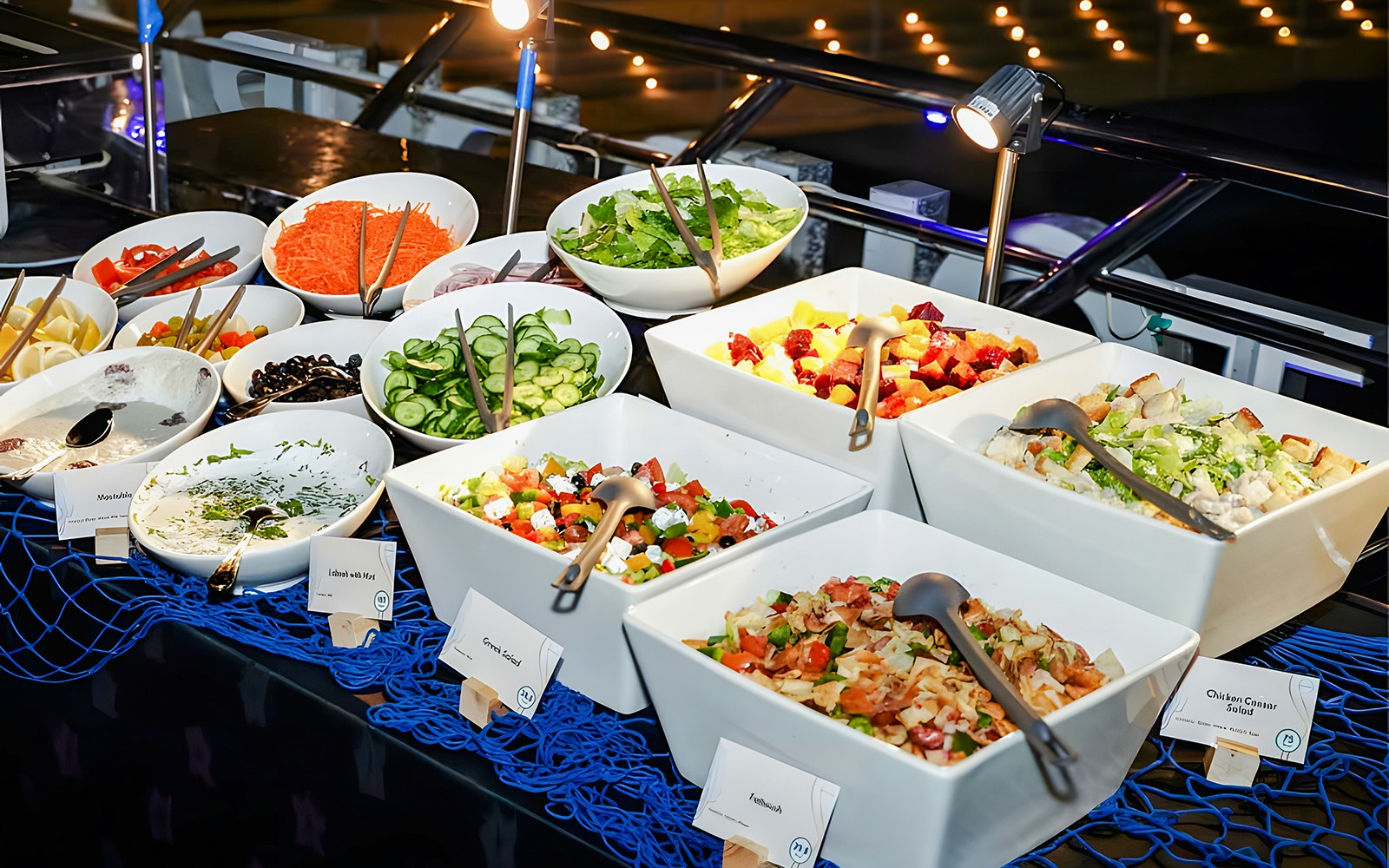 Buffet spread on a 2-hour luxury dhow dinner cruise in Dubai Marina.