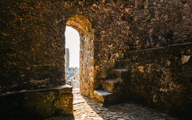 Moorish Castle Keep tower entrance with stone walls and steps, Sintra, Portugal.