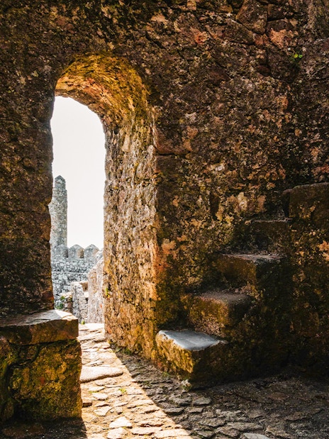 Moorish Castle Keep tower entrance with stone walls and steps, Sintra, Portugal.