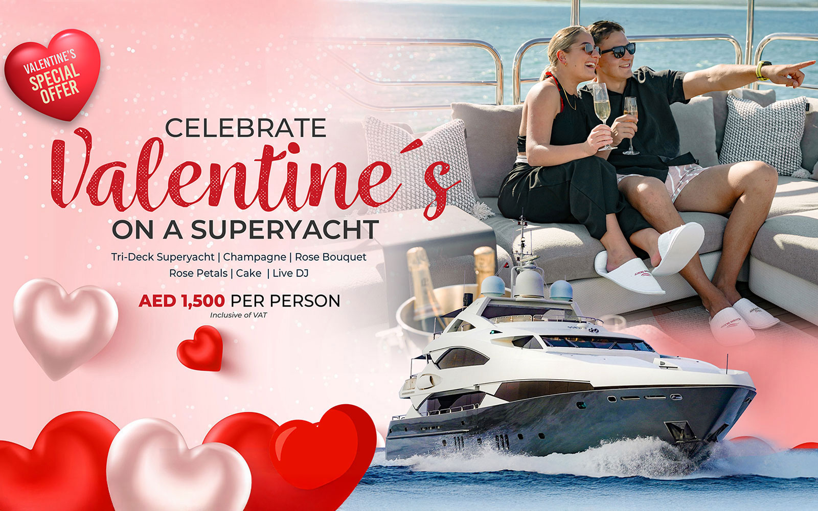 Valentine's Day yacht celebration with champagne, rose petals, cake, and live DJ.