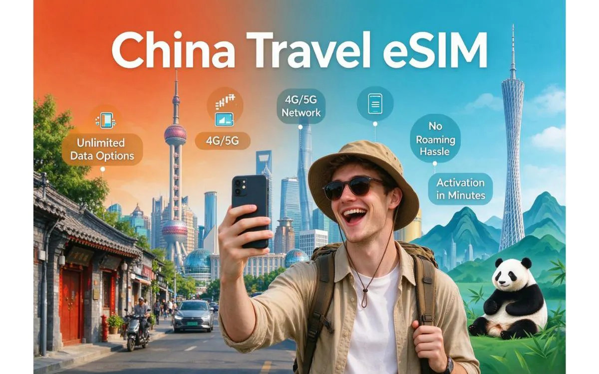 Traveler using smartphone with China eSIM, featuring Shanghai skyline and panda, highlighting 4G/5G network.