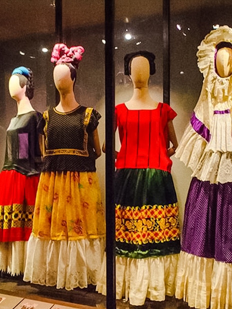 Traditional Mexican dresses on display at the Frida Kahlo Museum in Mexico City.