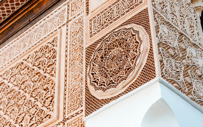 Bahia Palace intricate wall carvings in Marrakech, Morocco.