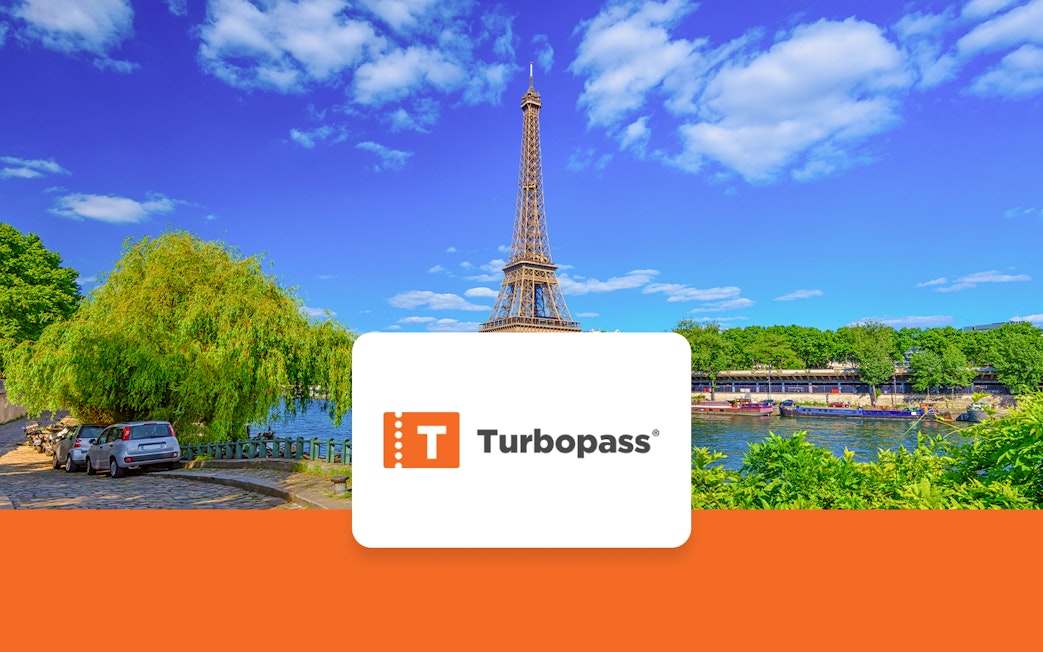 Eiffel Tower and Seine River view in Paris with Turbopass logo.
