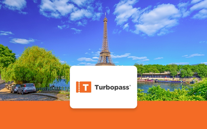 Eiffel Tower and Seine River view in Paris with Turbopass logo.