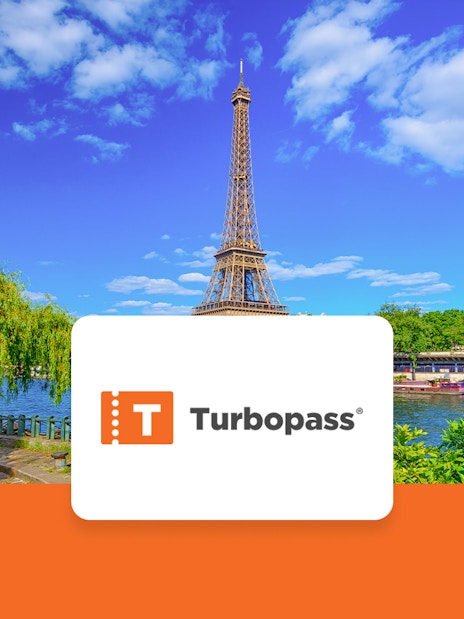 Eiffel Tower and Seine River view in Paris with Turbopass logo.