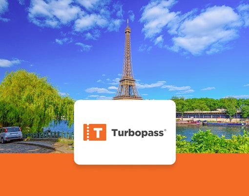 Eiffel Tower and Seine River view in Paris with Turbopass logo.