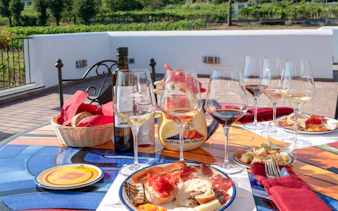Wine tasting setup with glasses and antipasti on a terrace in Naples vineyard.