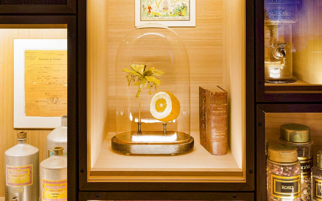 Fragonard Perfume Museum display with citrus and flower under glass dome.