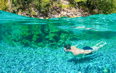 Guests swimming in the clear waters of Shala River, Albania.