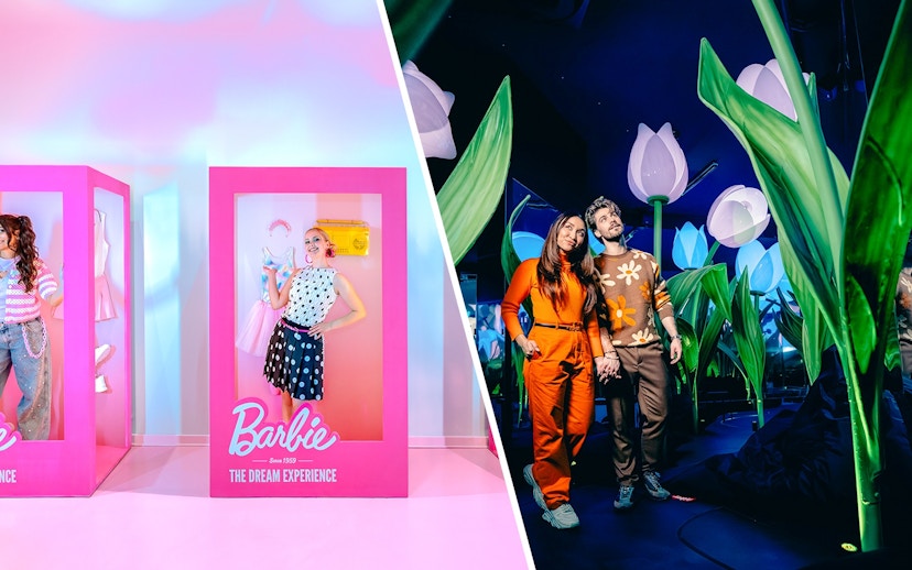 Guests exploring Highlights of Holland experience with large tulip displays.