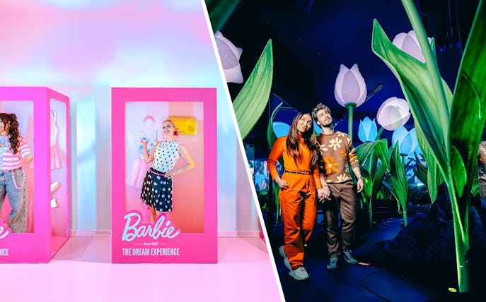 Guests exploring Highlights of Holland experience with large tulip displays.