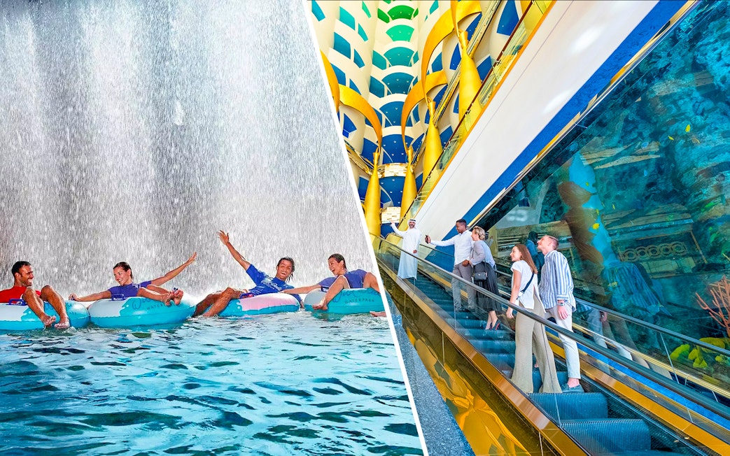 Visitors enjoying water rides at Wild Wadi Water Park and exploring the luxurious interior of Burj Al Arab.