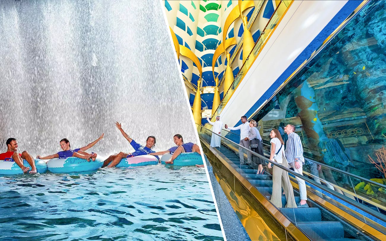 Visitors enjoying water rides at Wild Wadi Water Park and exploring the luxurious interior of Burj Al Arab.