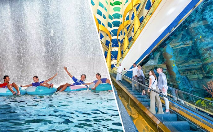 Visitors enjoying water rides at Wild Wadi Water Park and exploring the luxurious interior of Burj Al Arab.