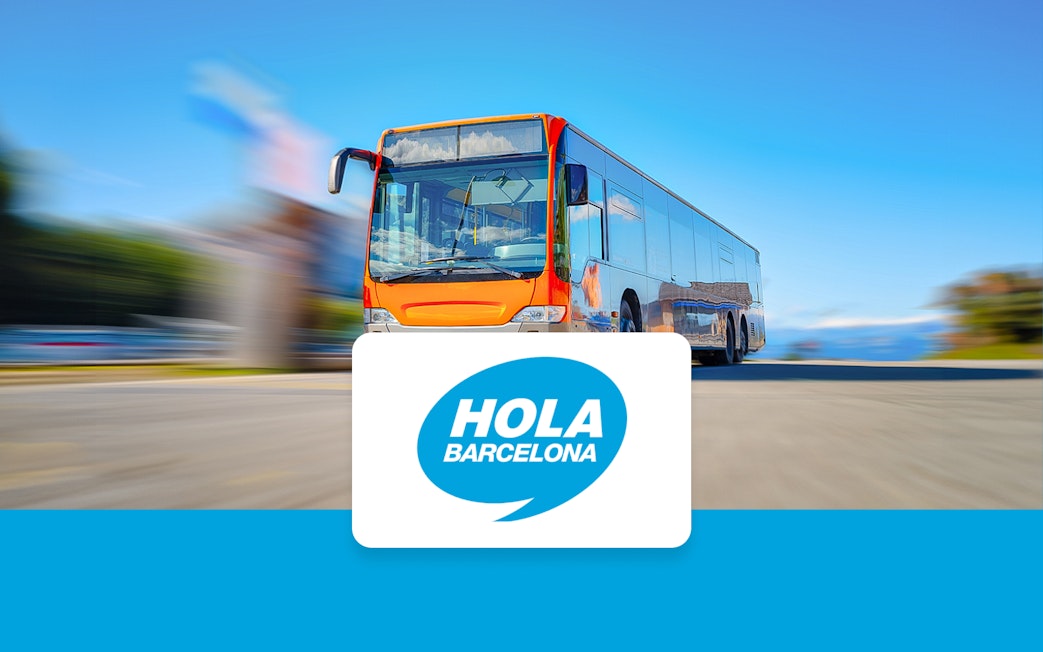 Barcelona city tour bus with Hola Barcelona logo.