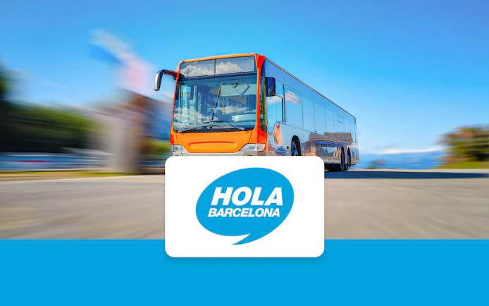 Barcelona city tour bus with Hola Barcelona logo.