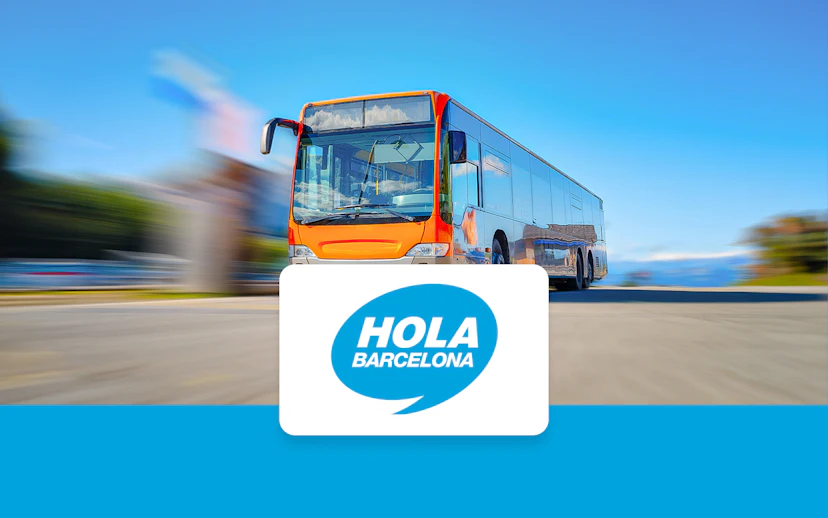 Barcelona city tour bus with Hola Barcelona logo.