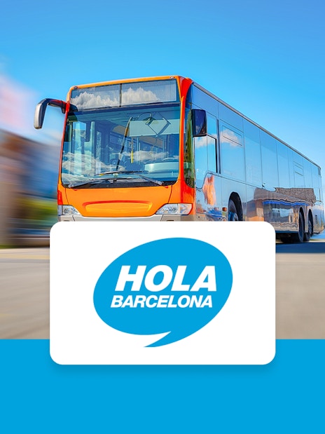 Barcelona city tour bus with Hola Barcelona logo.