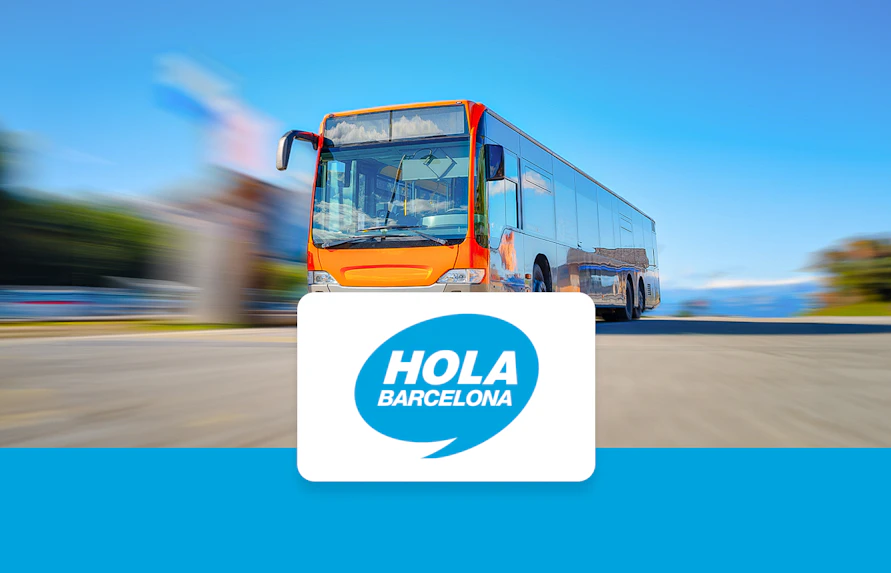 Barcelona city tour bus with Hola Barcelona logo.