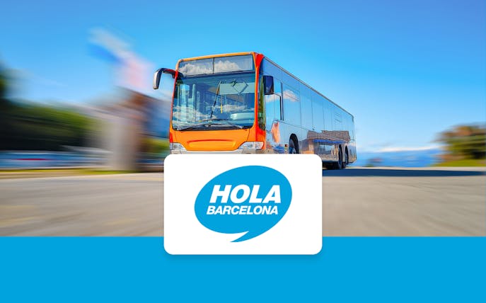 Barcelona city tour bus with Hola Barcelona logo.