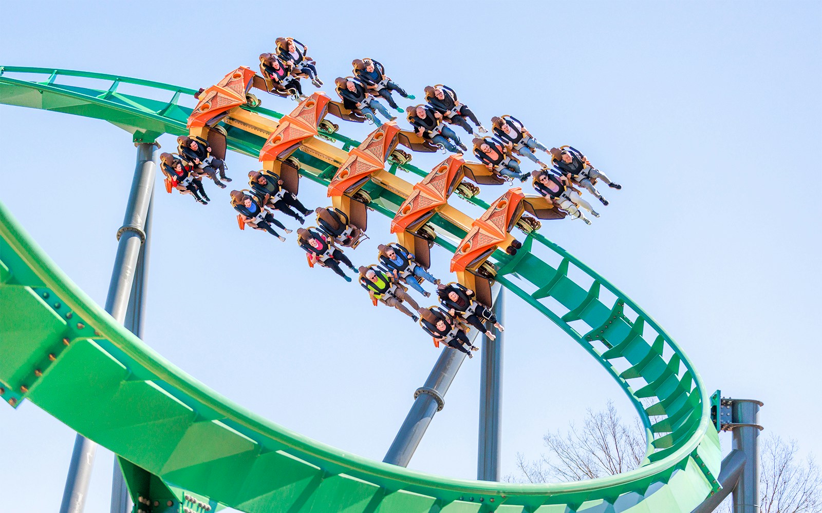 Roller coaster riders on Rapterra at Six Flags King's Dominion.