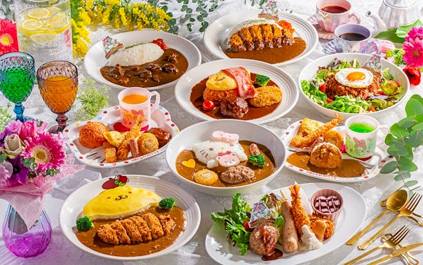 Sanrio-themed meals at Harmonyland, featuring character-inspired dishes and colorful tableware.