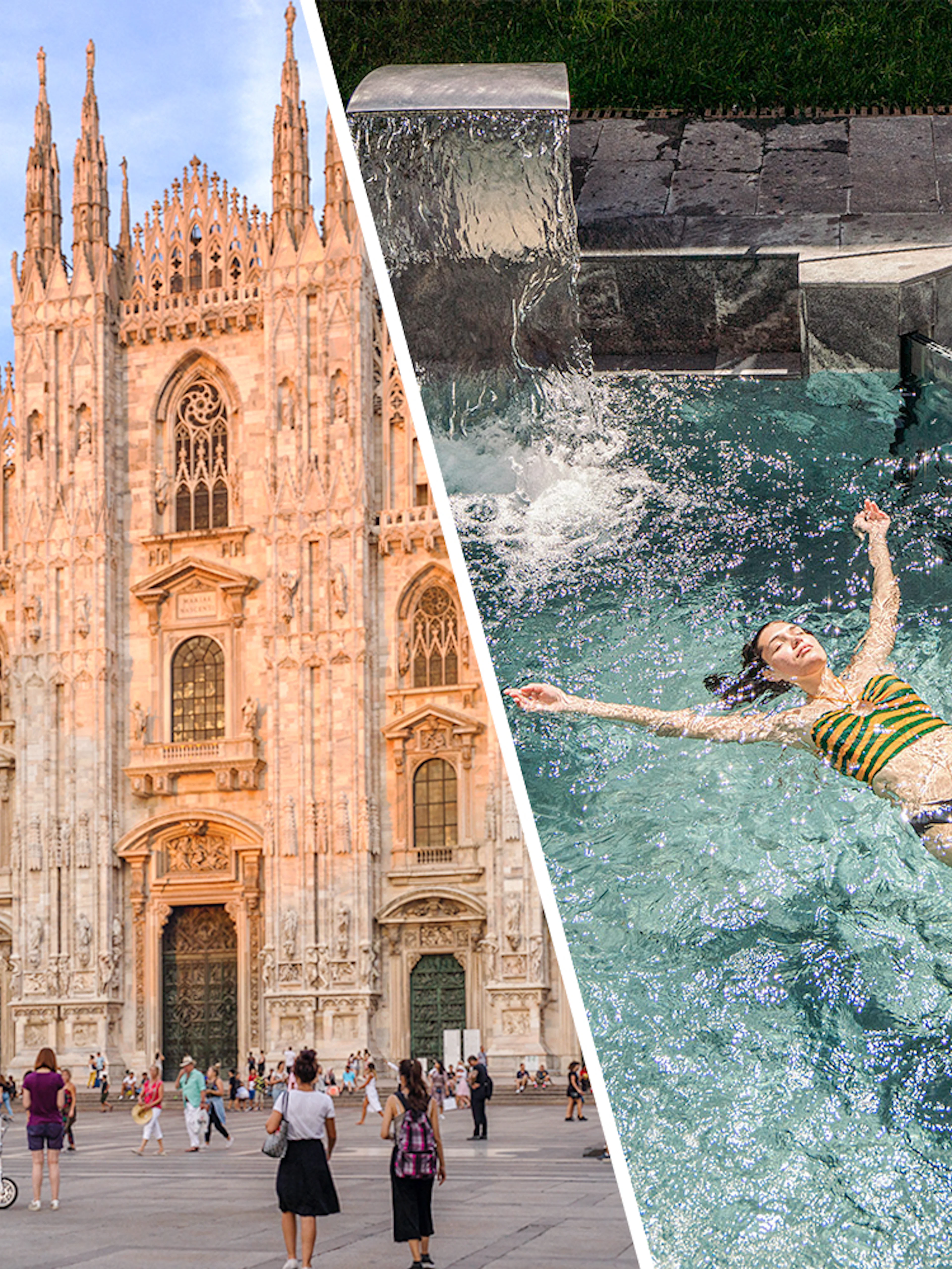 Duomo di Milano and woman relaxing in QC Terme Milano spa pool.