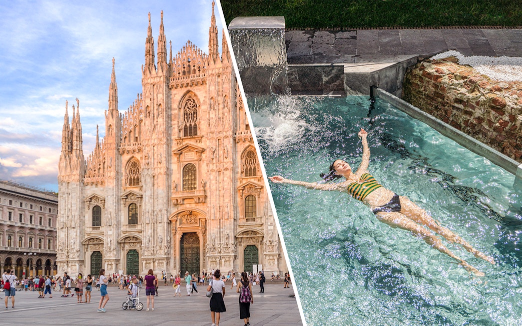 Duomo di Milano and woman relaxing in QC Terme Milano spa pool.