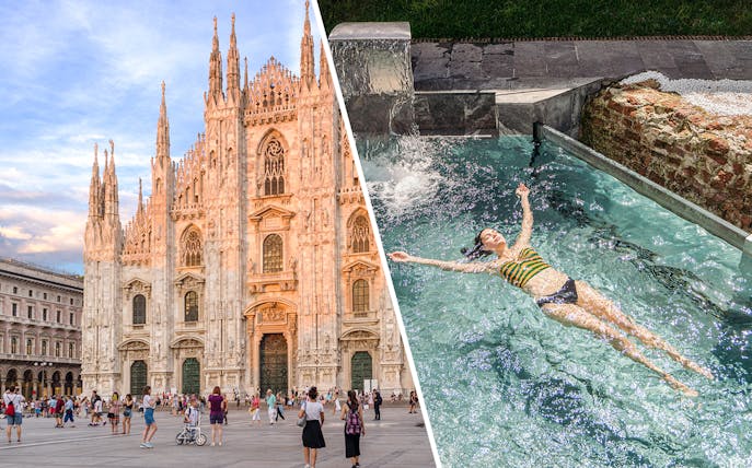 Duomo di Milano and woman relaxing in QC Terme Milano spa pool.