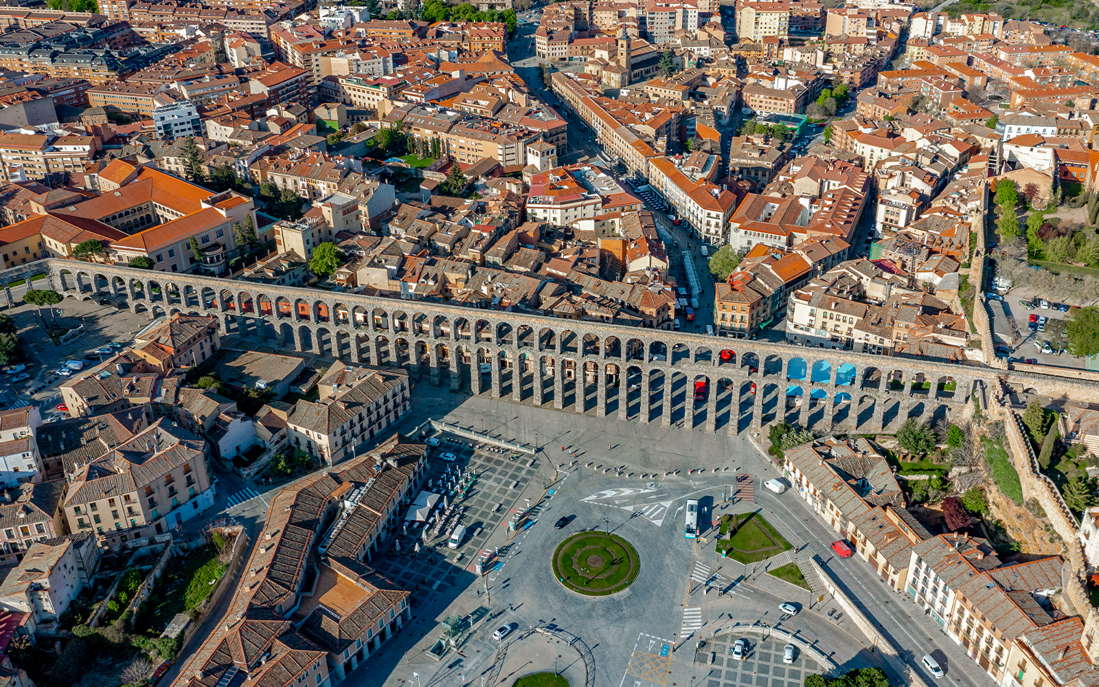 Panoramic view of Segovia with the ancient Roman aqueduct spanning the cityscape.