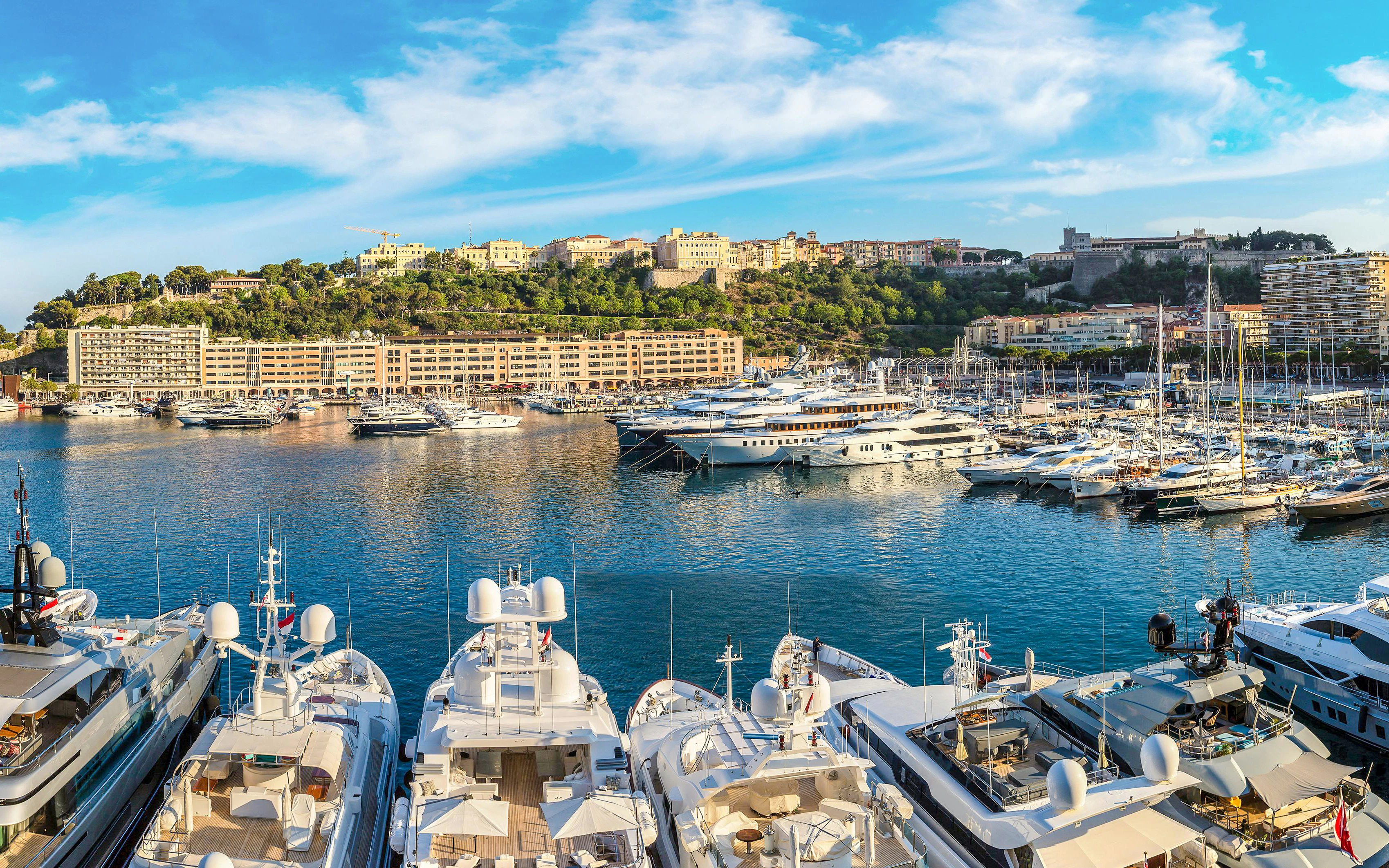 Yachts docked at Port Hercule in Monte Carlo with cityscape in the background.