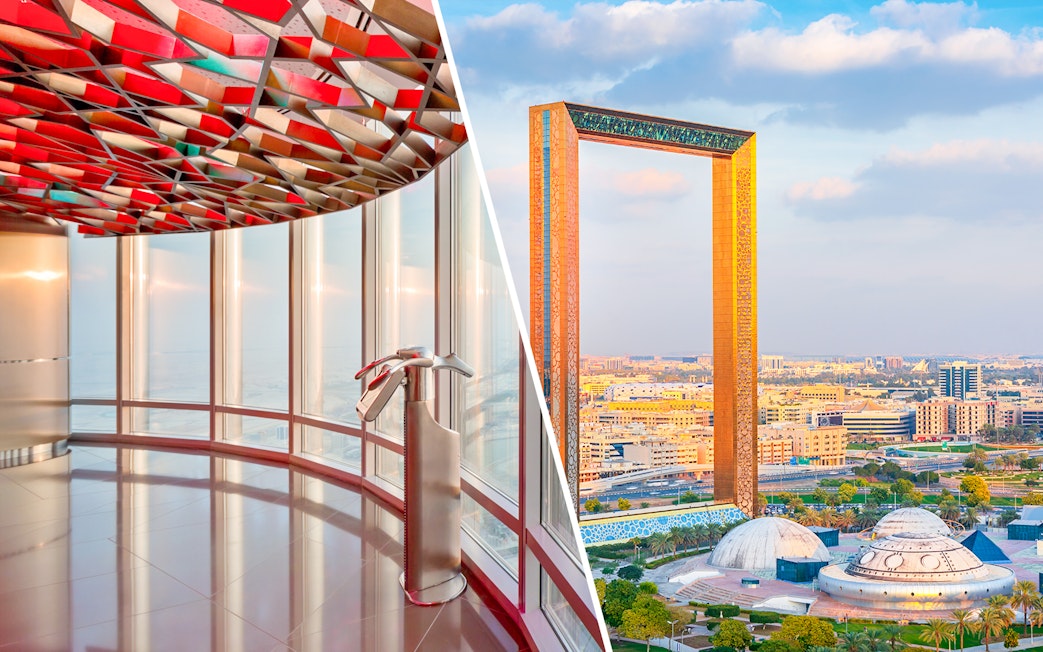 Burj Khalifa observation deck interior and Dubai Frame view in Dubai.