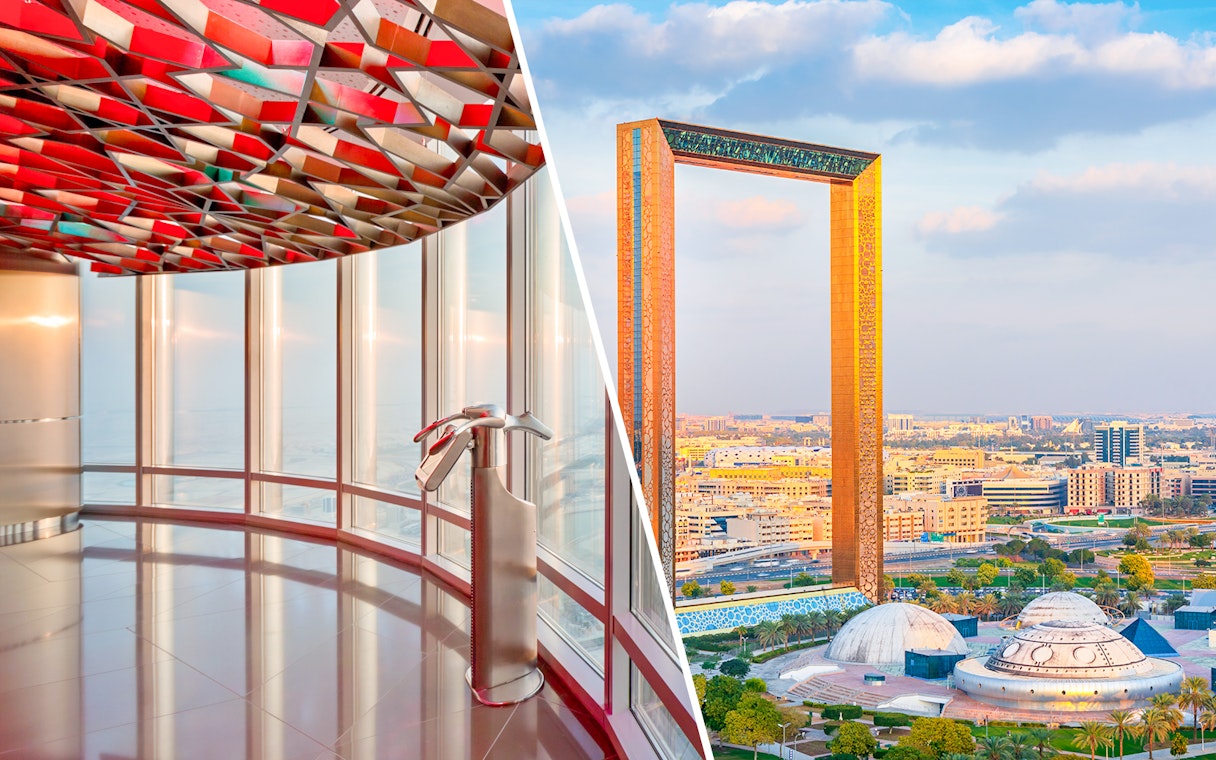 Burj Khalifa observation deck interior and Dubai Frame view in Dubai.
