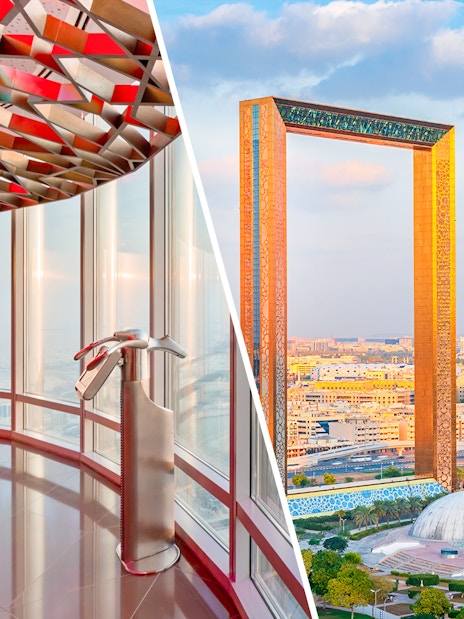 Burj Khalifa observation deck interior and Dubai Frame view in Dubai.