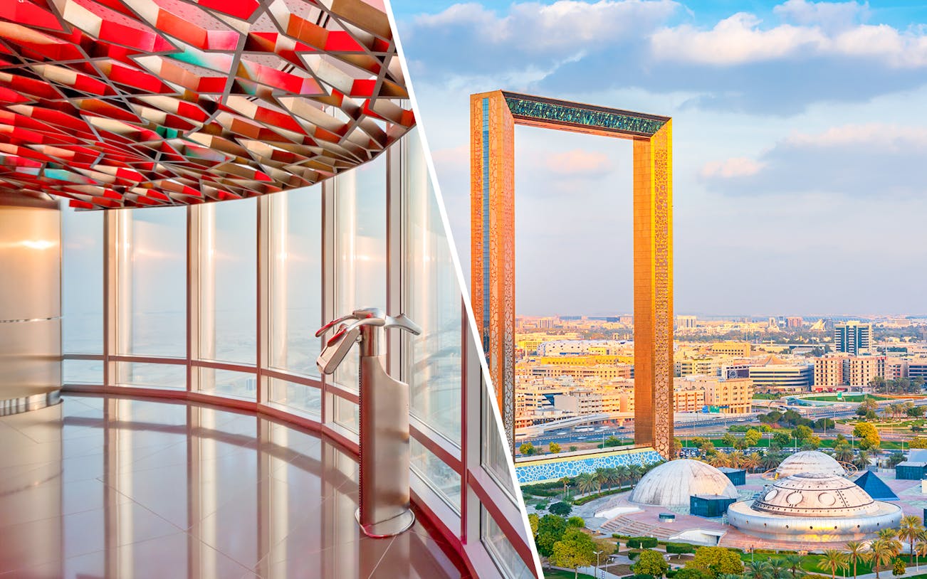 Burj Khalifa observation deck interior and Dubai Frame view in Dubai.