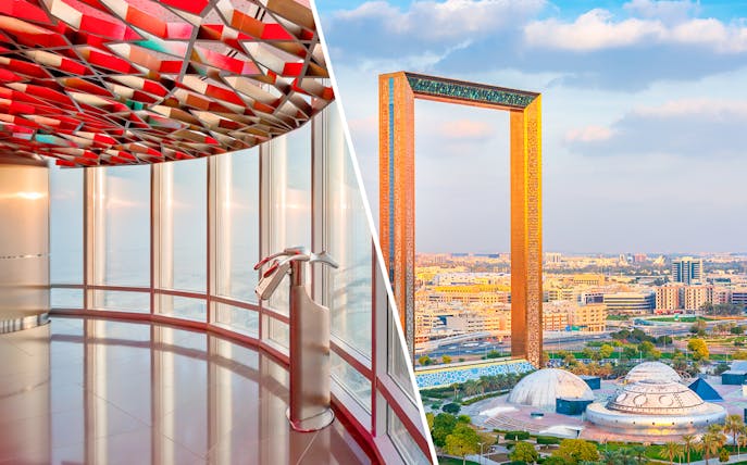 Burj Khalifa observation deck interior and Dubai Frame view in Dubai.