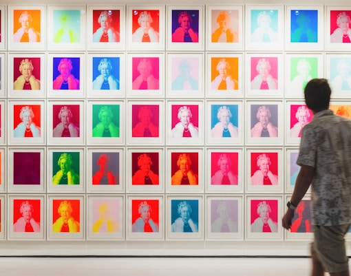 Andy Warhol's Marilyn Monroe portraits at a New York City art exhibit.