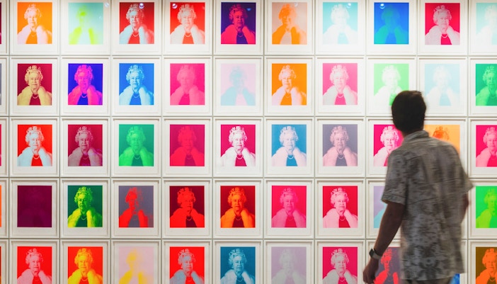 Andy Warhol's Marilyn Monroe portraits at a New York City art exhibit.