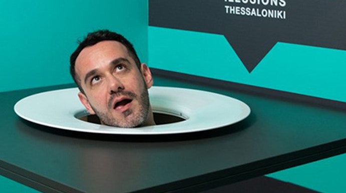 Head illusion exhibit at Museum of Illusions Thessaloniki.