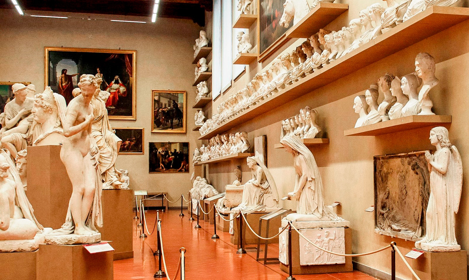 Accademia Gallery interior with Michelangelo's David statue in Florence, Italy.