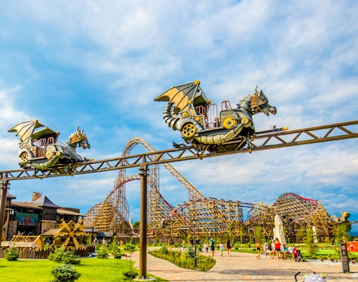 Roller coaster ride in Energylandia's Dragon Zone, Dragon Adventure, Poland.