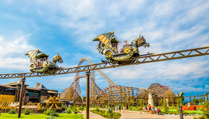 Roller coaster ride in Energylandia's Dragon Zone, Dragon Adventure, Poland.