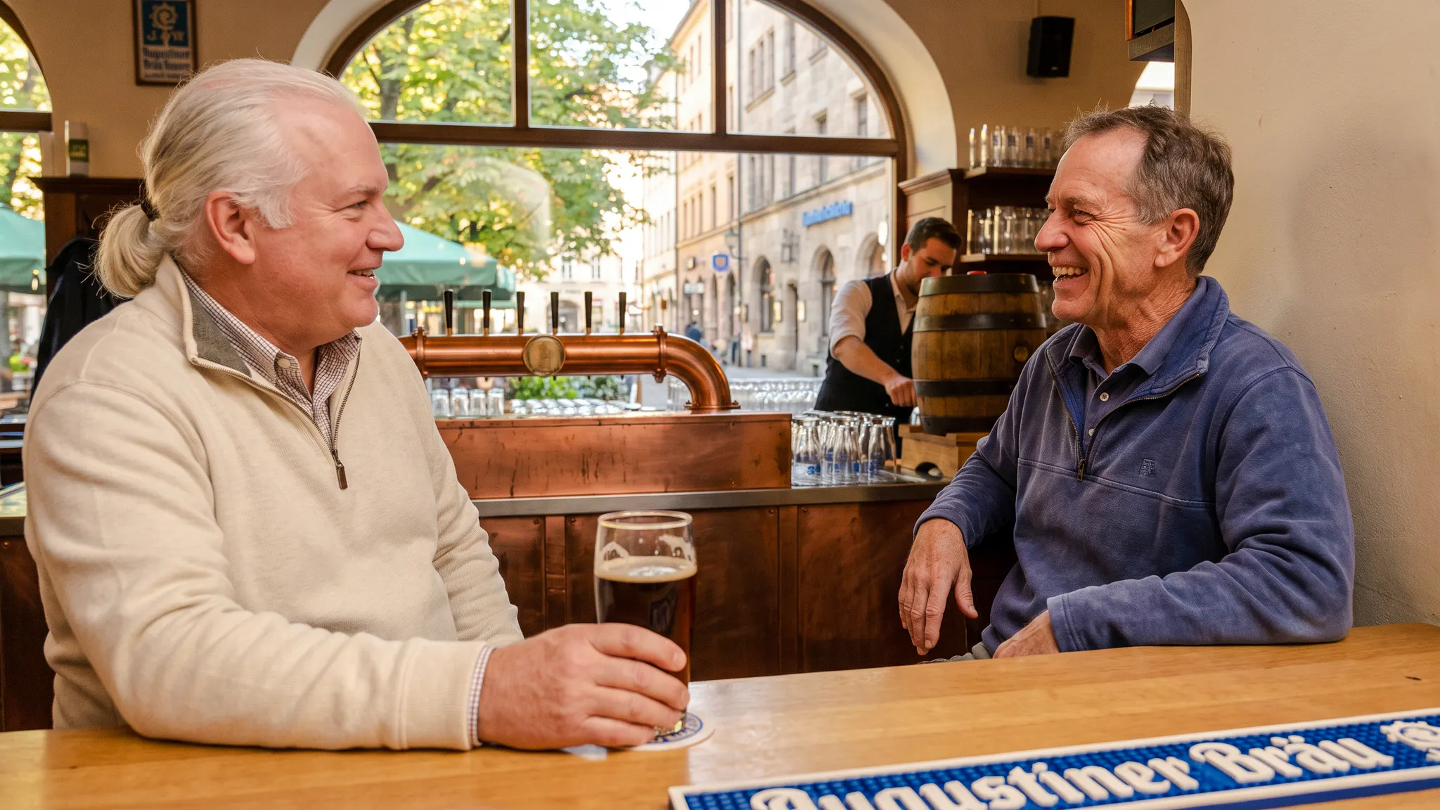 Men enjoying beer at a Munich pub during Oktoberfest keg tapping tour.
