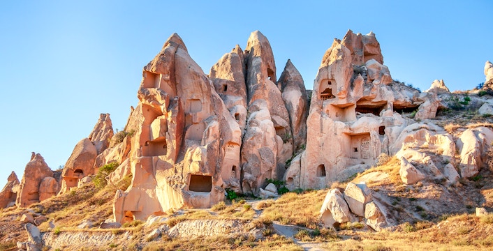 Rock-cut churches and dwellings at Goreme Open Air Museum, Cappadocia, Turkey.