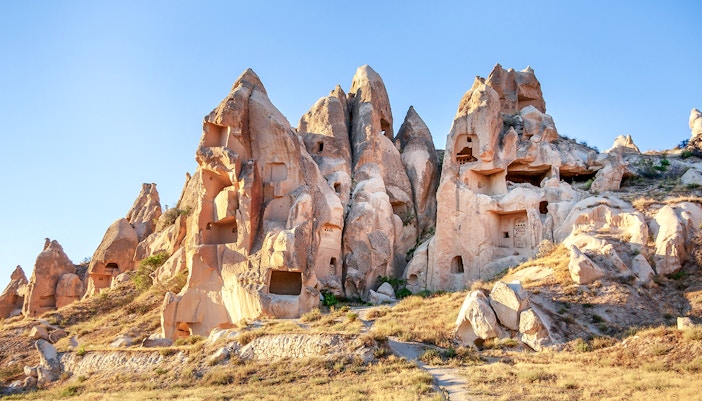 Rock-cut churches and dwellings at Goreme Open Air Museum, Cappadocia, Turkey.