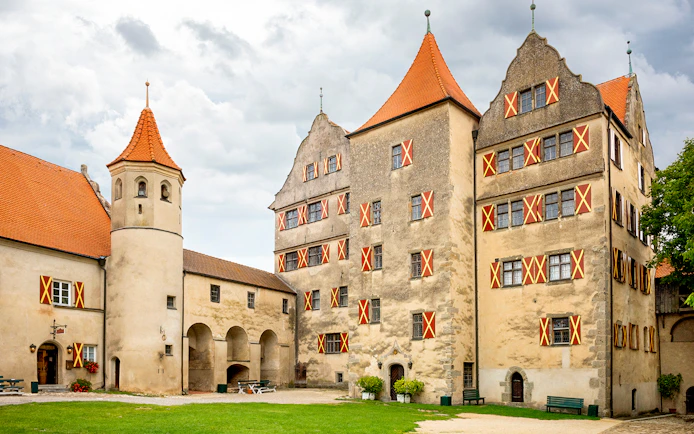 Harburg Castle courtyard with historic buildings on Romantic Road, Germany.