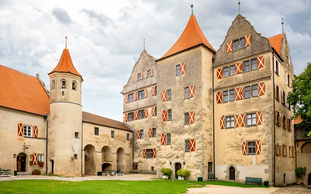 Harburg Castle courtyard with historic buildings on Romantic Road, Germany.